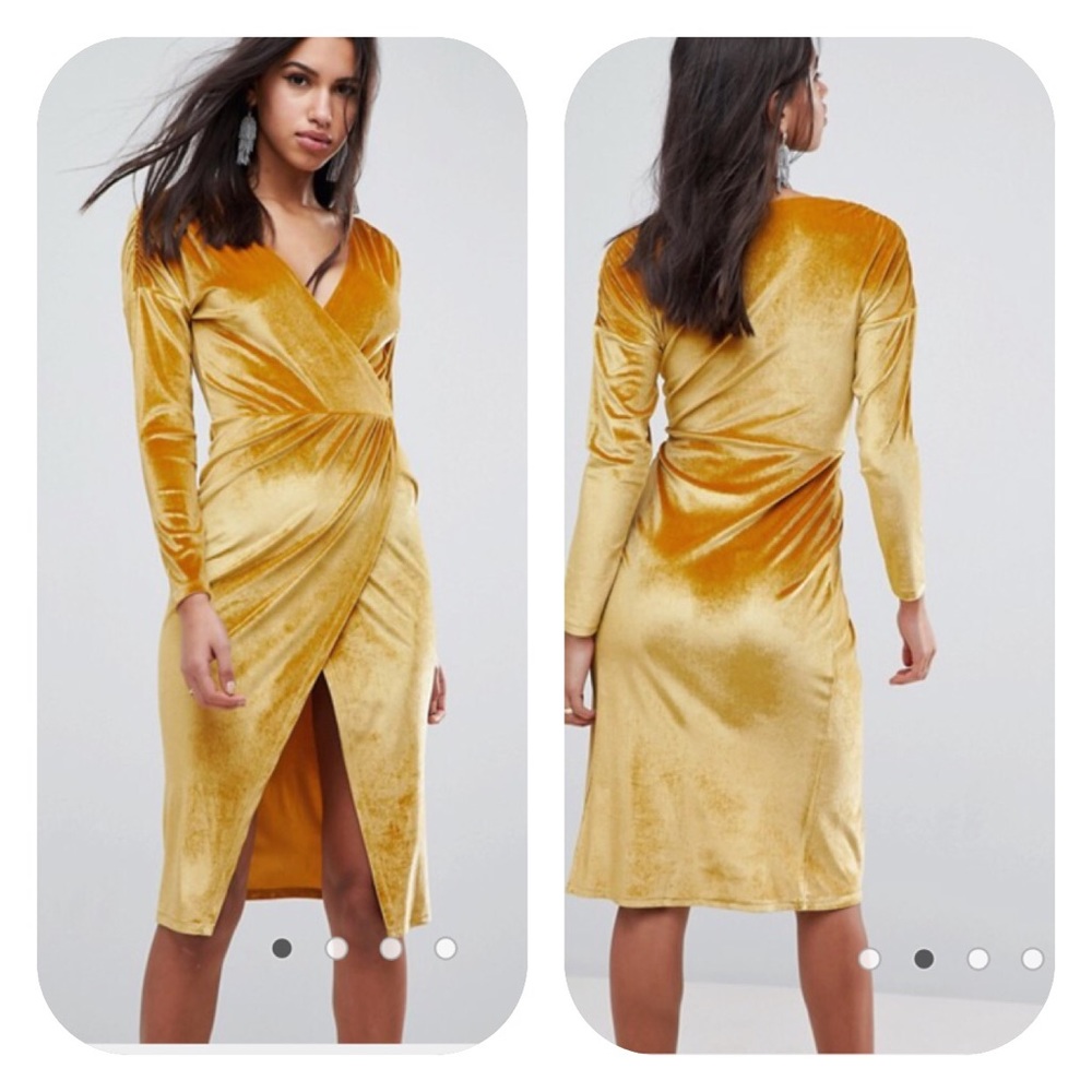 ASOS Gold Velvet Midi Wrap Dress